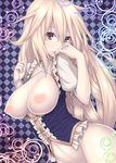  alternate_costume blonde_hair bottomless breasts breasts_outside brown_eyes checkered checkered_background cleavage cleavage_cutout dutch_angle hand_to_own_mouth hands hiroya_juuren kirisame_marisa large_breasts long_hair looking_at_viewer navel nipples parted_lips solo touhou 