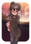  bad_id bad_pixiv_id black_hair black_legwear blush breasts brown_eyes cross dancho_(dancyo) dress glasses hand_on_own_chest highres light_rays long_hair original pantyhose ribbed_sweater side_ponytail sleeves_past_wrists small_breasts solo sunbeam sunlight sweater sweater_dress thigh_gap turtleneck white_background window 