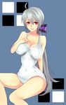  breasts hand_on_chest hand_on_own_chest highres large_breasts noboes red_eyes silver_hair swimsuit vocaloid yowane_haku 