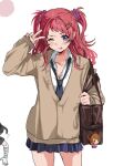  1girl bag black_necktie blush breasts cleavage commentary_request gakuen_idolmaster gyaru hair_ornament hairpin hanami_saki hanami_ume highres idolmaster kogal lllllaaaaauuu long_hair miniskirt necktie one_eye_closed school_uniform shirt short_twintails skirt solo stuffed_toy sweater thighs tongue tongue_out twintails unbuttoned unbuttoned_shirt v white_shirt 