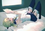  bed blonde_hair blue_eyes bow eureka_seven_(series) eureka_seven_ao fleur_blanc garter_straps hair_bow lying on_back rikkukku short_hair skirt sleeveless solo thighhighs 