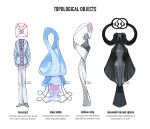  4others akuicia black_dress blue_dress blue_shirt bow bowtie commentary dress english_commentary english_text fashion geometry highres klein_bottle math mobius_strip multiple_others no_humans original other_focus pants pink_bow pink_bowtie shirt simple_background tesseract white_background white_dress white_pants 