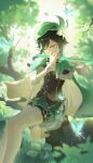  1boy absurdres aki_maple anemo_symbol_(genshin_impact) aqua_hair argyle_clothes argyle_pantyhose beret black_hair braid cape closed_eyes commentary_request crystalfly_(genshin_impact) feet_out_of_frame flower flute genshin_impact gradient_hair green_cape green_hat green_shorts hat hat_flower highres holding holding_flute holding_instrument in_tree instrument long_sleeves male_focus multicolored_hair outdoors pantyhose playing_flute playing_instrument shirt short_hair_with_long_locks shorts side_braids sitting sitting_in_tree solo sunlight tree twin_braids venti_(genshin_impact) vision_(genshin_impact) white_flower white_pantyhose white_shirt 