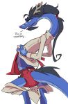  2026 anthro antlers apron biped black_hair blue_body chef clean_diaper clothed clothing crackajackin dialogue diaper digital_media_(artwork) dragon dream_dragon_(flookz) eastern_dragon english_text hair horn looking_at_viewer mythological_creature mythological_scalie mythology red_diaper scalie simple_background solo text wearing_diaper white_background 