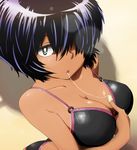  :o absurdres bare_shoulders bikini black_hair blush green_eyes highres looking_at_viewer nazo_no_kanojo_x saliva saliva_trail short_hair solo swimsuit takunama tan tanline urabe_mikoto 