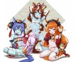  3girls :d ;d animal_ears barefoot blue_eyes blue_hair blue_nails blue_skin brown_hair bun_cover colored_skin crop_top detached_sleeves double_bun feet full_body grey_skin hair_bun heterochromia highres holding holding_sword holding_weapon horse_ears horse_girl horse_tail jiangshi maebari mayano_top_gun_(umamusume) multicolored_hair multicolored_skin multiple_girls nail_polish navel ofuda ofuda_on_pussy one_eye_closed orange_eyes orange_hair panties purple_eyes purple_skin red_shoes shoes sitting smile stitched_torso stitches streaked_hair sword tail thighhighs toenail_polish toenails toes tokai_teio_(umamusume) twin_turbo_(umamusume) two-tone_skin umamusume underwear v-shaped_eyebrows weapon white_thighhighs yellow_panties yingjian 