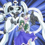  arm_up armpits bare_shoulders card crossover detached_sleeves dress duel_disk duel_monster emphasis_lines glint green_eyes green_hair hair_ornament highres japanese_clothes kochiya_sanae kuro_suto_sukii long_hair mecha meklord_emperor_wisel solo standing touhou yuu-gi-ou 