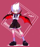  1boy bat_(animal) bat_wings black_shoes black_shorts brooch cape castlevania_(series) collared_shirt commentary_request copyright_name crossed_arms fang highres index_finger_raised jewelry kid_dracula kid_dracula_(game) male_focus one_eye_closed overall_shorts overalls parted_lips pointy_ears red_background red_cape red_eyes red_wings sakurajyousui_nami shirt shoes short_hair shorts smile socks solo vampire white_hair white_shirt white_socks wings 