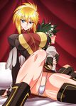  1boy 1girl blonde_hair boots breasts coat gloves green_eyes green_hair legretta long_hair panties pantyshot ponytail shoes short_hair skirt sync tales_of_(series) tales_of_the_abyss thigh_boots thighhighs underwear upskirt 