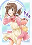  acchi_kocchi apron blush bow brown_eyes brown_hair crepe food fruit haruno_hime head_scarf shinozuki_takumi short_hair skirt solo strawberry 