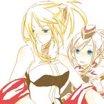  2girls bare_shoulders blonde_hair blue_eyes breasts brown_hair gloves hat legretta multiple_girls scarf tales_of_(series) tales_of_the_abyss tear_grants weapon 