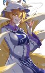  1girl absurdres animal_hat arm_under_breasts blonde_hair blue_tabard breasts cigarette commentary_request dress fox_tail grin hat highres holding holding_cigarette kitsune large_breasts long_sleeves looking_at_viewer mob_cap multiple_tails simple_background smile smoke smoking solo tabard tail tamahuku_0911 touhou white_background white_dress white_hat wide_sleeves yakumo_ran yellow_eyes 