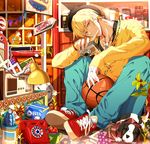  basketball blonde_hair book bottle box bug butterfly camera car clock cup dog finger_to_mouth flower food fruit grapes ground_vehicle hat highres insect jewelry kise_ryouta kuroko_no_basuke lamp leaf male_focus motor_vehicle mug necklace oreo pants phone radio ring shirt shoes sign sitting solo strawberry yuna_(rutera) 