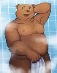  2019 anthro belly blue_eyes blush brown_fur cute_fangs fur gamuu humanoid_hands male mammal moobs navel nipples overweight overweight_male shower solo towel ursine 