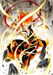  1boy absurdres aura bankai black_hakama bleach bleach:_brave_souls brown_eyes clenched_hand closed_mouth commentary commission english_commentary fighting_stance floating_hair full_body hair_between_eyes hakama highres holding holding_sword holding_weapon japanese_clothes ken'ichi_(ken1ro_u) kubo_tite_(style) kurosaki_ichigo long_hair looking_at_viewer male_focus nose official_style orange_hair pointing pointing_at_viewer rubble second-party_source serious simple_background skeb_commission solo spiked_hair sword tensa_zangetsu_(bankai) tsurime v-shaped_eyebrows weapon white_background 