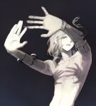  1boy brown_eyes brown_hair cucukhumnumzl gloves hand_shadow_covering_breasts_(meme) highres identity_v long_hair male_focus matthias_czernin matthias_czernin_(lignarius) meme no_shirt official_alternate_costume prosthesis prosthetic_arm shadow single_glove solo stitched_mouth stitches 