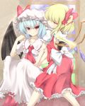  aibumi ascot bad_id bad_pixiv_id bat_wings blonde_hair blue_hair blush bow flandre_scarlet hair_bow hands_on_lap hat hat_bow highres large_bow light_smile multiple_girls naughty_face no_hat no_headwear red_eyes remilia_scarlet short_hair siblings side_ponytail sisters sitting skirt skirt_set smile touhou window wings 