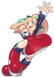  arm_up blonde_hair blue_eyes blush_stickers boots dress full_body hair_ribbon highres knee_boots long_hair open_mouth pirocch ponytail red_dress ribbon rockman rockman_(classic) roll skirt smile solo white_background 
