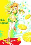  bike_shorts blonde_hair bottle c.c._lemon c.c._lemon_(character) can detached_sleeves fatkewell food fruit gradient_hair green_eyes green_hair halftone halftone_background heterochromia juice lemon long_hair midriff multicolored_hair navel side_ponytail solo thighhighs yellow_eyes 