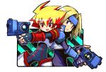  1boy 1girl aiming armor back-to-back black_bodysuit black_gloves blonde_hair blue_eyes blue_headband bodysuit bracer commentary_request cowboy_shot fingerless_gloves gloves gun gunstar_blue_(gunstar_super_heroes) gunstar_heroes gunstar_red_(gunstar_super_heroes) gunstar_super_heroes hair_between_eyes handgun headband holding holding_gun holding_weapon looking_at_viewer looking_back medium_hair multicolored_hair open_mouth outstretched_arms parted_lips red_eyes red_hair sakurajyousui_nami shirt short_hair shoulder_armor spiked_hair standing thighhighs two-tone_hair weapon white_shirt white_thighhighs 