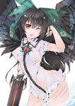  alternate_weapon arm_cannon black_hair bottomless bow breasts fang hair_bow long_hair medium_breasts naked_shirt no_bra one_eye_closed red_eyes reiuji_utsuho see-through shirt smile solo touhou transpot_nonoko weapon wet wings 
