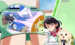  1girl artist_name ass ass_focus bare_shoulders black_hair commentary digimon digimon_(creature) digimon_story:_time_stranger digimon_world_3 dress english_commentary eyewear_on_head gorimon green_dress health_bar highres multiple_views pixel_art_inset red_scarf scarf short_hair supermondobeat terriermon terriermon_joshu upper_body white_dress 