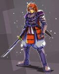  1boy arm_guards armor armored_shoes black_armor black_eyes circlet clenched_hand closed_mouth commentary_request dou full_body getsu_fuuma getsu_fuuma_den grey_background highres holding holding_sword holding_weapon japanese_armor katana kote kurokote kusazuri long_hair looking_at_viewer male_focus pants red_hair sakurajyousui_nami sheath shirt shoulder_armor sode solo standing suneate sword unsheathed weapon white_pants white_shirt 