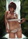  bad_id bad_pixiv_id black_hair breasts collarbone expressionless hat hat_ribbon kirieppa looking_away medium_breasts midriff navel red_eyes ribbon shameimaru_aya shirt_lift short_hair short_shorts shorts sideboob solo tokin_hat touhou water waterfall wet wet_clothes 