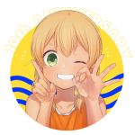  1boy blonde_hair blush green_eyes grin hair_between_eyes inazuma_eleven inazuma_eleven_(series) long_hair looking_at_viewer male_focus miyasaka_ryou smile solo tan tank_top teeth tomo_(sjim) 