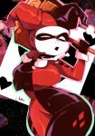  batman_(series) black_bodysuit bodysuit commentary dc_comics domino_mask eye_mask harlequin harley_quinn harley_quinn_(classic) highres jester jester_costume mask moody_azz multicolored_bodysuit multicolored_jumpsuit red_bodysuit two-tone_bodysuit white_facepaint 