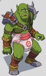  2015 armor biped blizzard_entertainment clothed clothing crackajackin diaper digital_media_(artwork) fur green_body green_skin harness male multicolored_body multicolored_fur multiple_images not_furry orc red_diaper red_eyes simple_background solo story story_in_description teeth tusks two_tone_body two_tone_fur warcraft wearing_diaper 