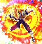  1boy black_boots black_gloves black_pants black_shirt blonde_hair blue_eyes boots burn_griffiths commentary_request explosion fingerless_gloves fire fireball full_body gloves highres jacket male_focus multicolored_hair open_clothes open_jacket open_mouth orange_jacket pants psychic_force pyrokinesis red_streaks sakurajyousui_nami shirt short_hair short_sleeves sideways_glance solo spiked_hair streaked_hair tall_hair 