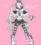  1girl :d belt boots bow character_name crown female full_body heart long_hair long_sleeves looking_at_viewer midriff monochrome nacchi navel one_piece open_mouth perona pink_background short_cape simple_background skirt smile solo standing striped striped_leggings striped_legwear twintails very_long_hair wink 
