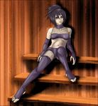  bangs bridal_gauntlets female fishnets full_body indoors looking_at_viewer midriff mitarashi_anko naruto purple_hair schizohybrid solo toeless_legwear toeless_stockings 