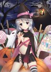  1girl 7fuji_06 :d absurdres ayachi_nene bare_tree bat_(animal) belt belt_bra belt_collar between_legs black_cape black_hat black_skirt blush bow breasts candy cape cleavage collar commentary cowboy_shot detached_sleeves donut eyes_visible_through_hair food grey_hair hair_between_eyes hair_ribbon halloween hand_between_own_legs hand_up hat hat_bow highres holding holding_candy holding_food incoming_food jack-o'-lantern large_breasts lollipop long_hair long_sleeves looking_at_viewer macaron miniskirt navel night open_mouth outdoors pink_belt pink_bow pink_cape pink_ribbon pleated_skirt pocky pump purple_eyes ribbon sanoba_witch sidelocks silk single_thighhigh sitting skirt smile solo spider_web stomach straight_hair striped_clothes striped_thighhighs thighhighs tree two-sided_cape two-sided_fabric very_long_hair wide_sleeves witch witch_hat zettai_ryouiki 