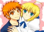  1boy 1girl ahoge blonde_hair couple emiya_shirou fate/stay_night fate/zero fate_(series) green_eyes hair_bun hair_ribbon hairbun orange_eyes red_hair ribbon saber seiji3104 