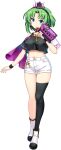  1girl alternate_costume black_shirt black_thighhighs blue_eyes boots breasts closed_mouth crop_top game_asset green_hair headphones highres holding holding_microphone jewelry key key_necklace looking_at_viewer medium_breasts microphone midriff navel necklace official_art rotte_(1109) shiki_eiki shiki_eiki_(underground_waste_ward_depot_master) shirt short_sleeves shorts simple_background single_thighhigh smile solo thighhighs third-party_source touhou touhou_lostword transparent_background white_boots white_shorts 