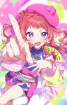  1girl :d absurdres belt beret blue_eyes blurry blurry_foreground blush brown_hair commentary_request crop_top earrings gakuen_idolmaster garakuta_road_(idolmaster) hanami_saki hand_on_own_chest hat highres idolmaster jacket jewelry kirizuki_reika midriff_peek miniskirt open_clothes open_jacket pink_jacket pointing revision skirt smile solo yellow_jacket 