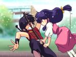  1boy 1girl black_hair black_pants blurry blurry_background braid chinese_clothes clenched_teeth commentary_request dress highres hitting holding holding_sword holding_weapon long_hair pants pink_dress purple_hair ranma_1/2 saotome_ranma saotome_ranma_(male) single_braid socks sword teeth tendou_akane weapon white_socks yodare 