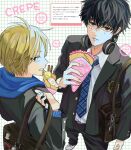  3boys absurdres bag black_eyes black_hair black_jacket blonde_hair blue_eyes blue_hoodie blue_necktie brown_bag commentary_request cream crepe doodle_inset dress_shirt eating emblem food fruit hair_between_eyes headphones headphones_around_neck highres holding holding_crepe holding_food hood hood_down hoodie jacket looking_at_viewer male_focus minato_x3710 mole mole_under_each_eye mole_under_eye multiple_boys multiple_moles necktie parted_lips pin sakamoto_days sakamoto_taro sakamoto_taro_(skinny) school_bag school_uniform seba_natsuki shin_(sakamoto_days) shirt shoes short_hair shoulder_bag sneakers standing strawberry teeth translation_request white_shirt white_shoes 