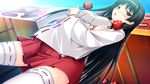  :o black_hair blush candy_apple dual_wielding food game_cg garters hakama_skirt highres holding ichinose_yua japanese_clothes makita_maki miko non-web_source red_eyes ribbon-trimmed_ornament ribbon-trimmed_sleeves ribbon_trim shinigami_no_testament solo thighhighs wide_sleeves 