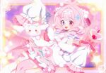  1girl :d arm_up artist_request asymmetrical_legwear blue_eyes blunt_bangs blurry bokeh bow breasts chinese_commentary cloud_background collar commentary_request creature depth_of_field drill_hair feet_out_of_frame frilled_collar frilled_skirt frilled_sleeves frills hair_bow hand_up happy heart_wand heterochromia highres holding holding_wand indie_virtual_youtuber inset_border kneehighs knees_together_feet_apart layered_skirt layered_sleeves looking_at_viewer mismatched_legwear neck_ribbon no_lineart off_shoulder open_mouth outside_border pink_bow pink_eyes pink_hair pink_skirt pink_thighhighs pom_pom_(clothes) purple_background ribbon second-party_source shirt single_thighhigh skirt sleeveless sleeveless_shirt sleeves_past_wrists small_breasts smile socks solo sparkle star_(symbol) thighhighs vera_(vtuber) wand white_shirt white_skirt white_socks wide_sleeves 