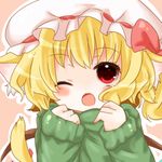  ;o animal_ears bad_id bad_pixiv_id blonde_hair cat_ears cat_tail fang flandre_scarlet green_shirt hat hat_ribbon kemonomimi_mode one_eye_closed open_mouth pikojirokurao red_eyes ribbon shirt side_ponytail solo sweater tail touhou wings 
