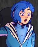 bigchezart blue_hair blue_hoodie cyborg headphones hood hoodie mechanical_arms meta_runner open_mouth purple_eyes short_hair surprised tari_(meta_runner) 