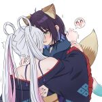  2girls absurdres airopopsart animal_ears bare_shoulders black_choker blue_hoodie blue_nails cho_kaguya-hime! choker colored_inner_hair commentary_request fox_ears fox_girl fox_tail green_eyes grey_hair hair_rings hand_on_another's_back highres holding_another's_wrist hood hoodie japanese_clothes kimono multicolored_hair multiple_girls off_shoulder pink_hair purple_hair purple_kimono purple_nails runami_yachiyo sakayori_iroha short_hair simple_background tail twintails white_background yuri 