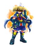  1boy animal animal_on_head black_boots blue_cape blue_gloves blue_shorts boots brown_eyes brown_hair brown_hat cape closed_mouth commentary_request coppa fingerless_gloves full_body fuurai_no_shiren gloves hand_on_headwear hat highres holding holding_scroll japanese_clothes katana kimono male_focus multiple_swords on_head red_kimono sakurajyousui_nami sandogasa scroll sheath sheathed shiren_(fuurai_no_shiren) short_hair shorts smile standing sword vertical-striped_cape weapon 