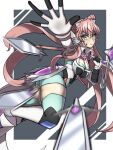  1girl aqua_eyes black_background blurry blurry_foreground border bracer breasts cleavage closed_mouth commentary_request crossed_bangs double-parted_bangs feet_out_of_frame fingerless_gloves floating_hair gloves hair_between_eyes hair_ears highres holding holding_knife knife kzen large_breasts looking_at_viewer magical_girl maria_cadenzavna_eve outside_border pink_hair senki_zesshou_symphogear simple_background skin_tight smile solo symphogear_pendant throwing_knife wavy_sidelocks weapon white_border white_gloves 