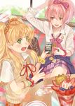  2girls bad_id bad_pixiv_id blonde_hair blurry bow bracelet clothes_around_waist depth_of_field green_eyes hair_bow hair_ornament idolmaster idolmaster_cinderella_girls jewelry jougasaki_mika jougasaki_rika long_hair multiple_girls nazuki_nazu open_mouth parfait pink_hair plaid plaid_skirt pleated_skirt ponytail school_uniform siblings sisters sitting skirt sleeves_folded_up sweater sweater_around_waist sweater_vest two_side_up yellow_eyes 