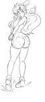  ass boots bow breast_squeeze breasts curly_hair dragon_ball dragon_ball_(classic) from_behind gloves greyscale hairband highres large_breasts long_hair lunch_(dragon_ball) monochrome pea-2 shorts solo v_arms 