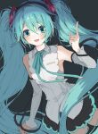  1girl aqua_eyes aqua_hair aqua_ribbon armpits bare_shoulders black_skirt detached_sleeves hair_between_eyes hair_ornament hand_up hatsune_miku hatsune_miku_(nt) headphones highres index_finger_raised kusigoma924 layered_sleeves light_blush long_hair looking_at_viewer piapro_studio ribbon see-through_clothes see-through_sleeve_layer see-through_sleeves shirt simple_background skirt sleeveless sleeveless_shirt smile solo twintails very_long_hair vocaloid wave_print white_shirt white_sleeves wide_sleeves wing_collar 